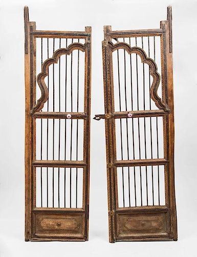 Pair of Metal-Mounted Carved Wood Indian Doors