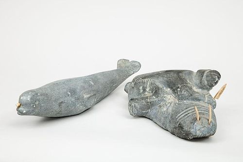Canadian Inuit Carved Stone Group of Figures atop a Walrus and a Figure of a Seal, by Kutuaik