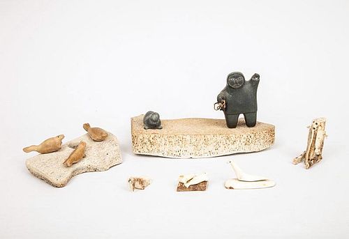 Five Inuit Carved Walrus Tusk Small Figures and a Carved Stone Two-Piece Group