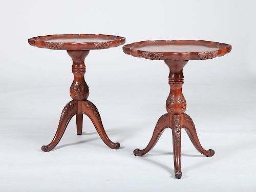 Pair of Asian Inspired Carved Hardwood Tripod Tables