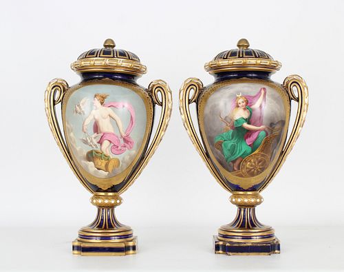 Antique Sevres Style Twin-Handled Lidded Urns