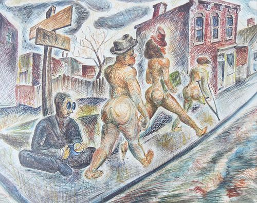 1943 Mixed Media of Nude Figures on the Street