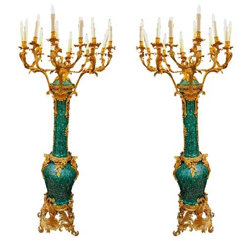 Pr Baroque Style Malachite and Gilt Bronze Torchieres 