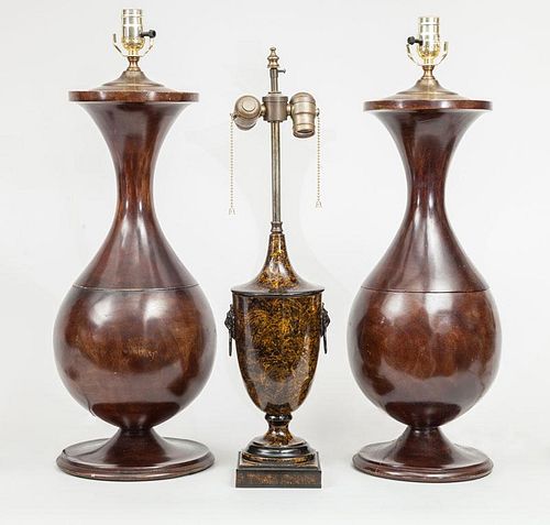 Pair of Turned Wood Pear-Form Lamps and a Faux Bois Tole Urn-Form Lamp