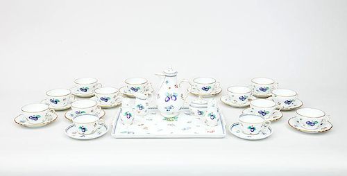 Richard Ginori Porcelain Rectangular Tray, Coffee Pot, Creamer, Covered Sugar Bowl, Two Shakers, and Two Cups and Saucers, in the Italian Fruit" Patte