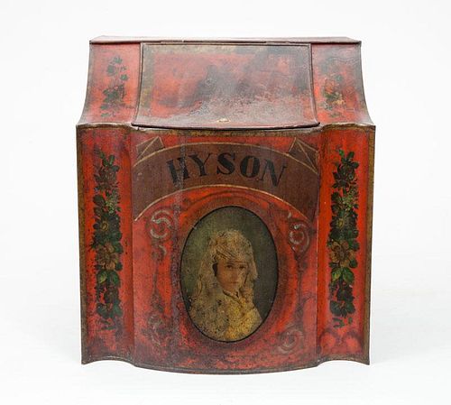 Hyson" Red-Ground Tôle Peinte Tea Canister and a Chinese Stained Wood Tea Box"