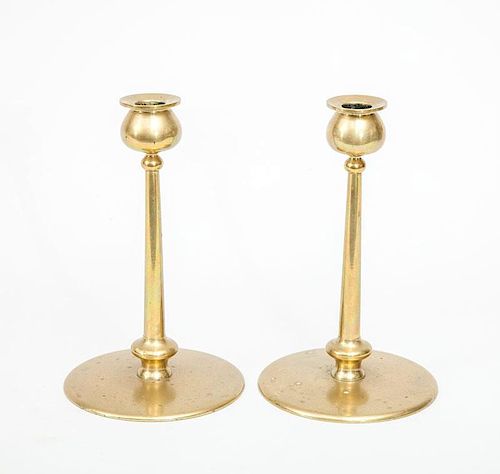 Pair of Arts and Crafts Brass Spindle Candlesticks