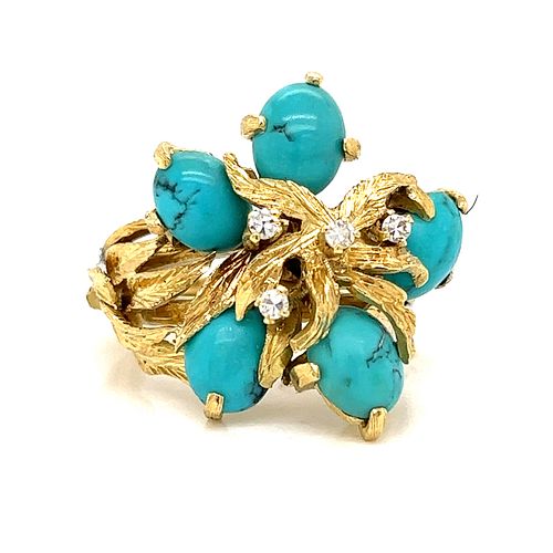Retro 18k Flower Turquoise Diamond Ring