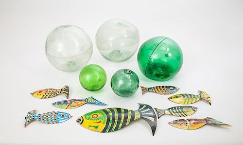 Eight Portuguese Cut and Painted Tin Fish 'Atelier Albino d'Obidos' and Five Glass Floats