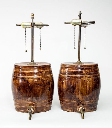 Pair of Faux Bois Pottery Barrel-Form Liquor Dispensers, Mounted as Lamps
