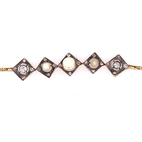 Victorian Platinum Gold Diamond Pearl BraceletÂ 