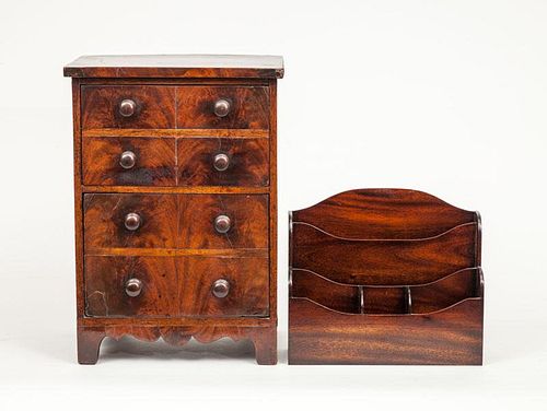 Victorian Flame-Mahogany Inlaid Miniature Chest of Drawers and an English Mahogany Stationery Stand