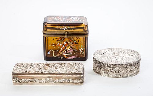 Mauser Repoussé Silver Rectangular Box, a German 800 Silver Oval Box, and an Enamel Amber Glass Box