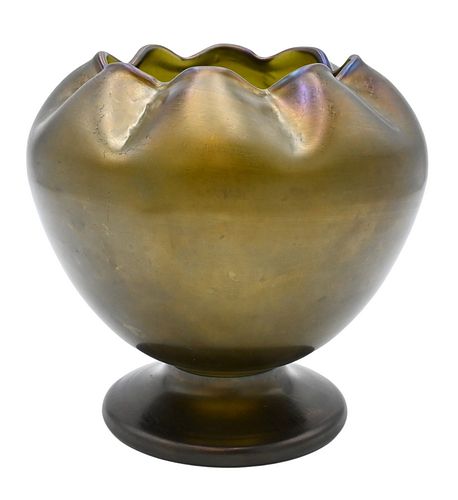 Iridescent Art Glass Vase, having ruffle edge, not marked, height 8 inches.