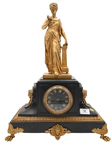 Victorian Black Slate Mantle Clock, having Eutrope bouret bronze classical standing figure reading a book mounted on top, all on claw feet, height 21 