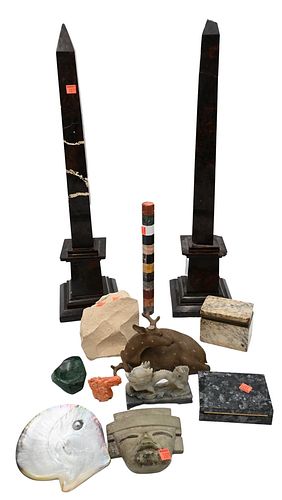 Group of Assorted Items, to include Teotihuacan style stone mask, store dragon, malachite stone, coral horse head, shell, two stone boxes, pair of lar