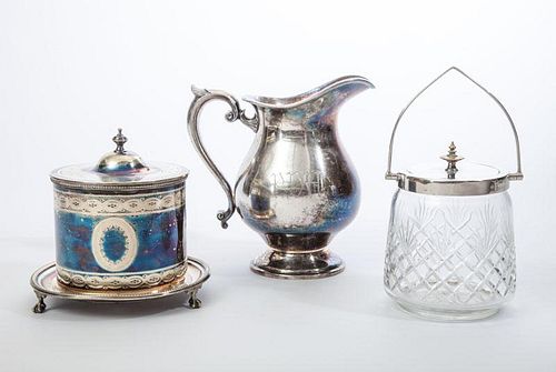 English Silver-Plated Biscuit Jar, a Cut-Glass Jar with Silver-Plate Rim and Lid, and a Silver-Plated Water Pitcher
