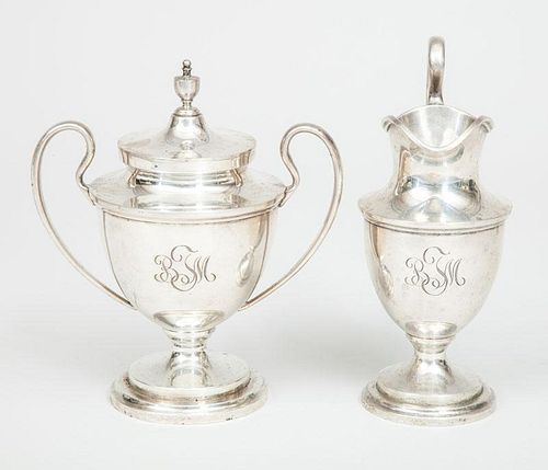 Fisher Silver Monogrammed Urn-Form Creamer and a Covered Sugar Bowl