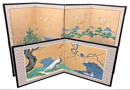 Two Oriental Folding Screens, to include large four fold screen having landscape scene, height 43 1/4 inches, width 81 inches; along with a two fold s