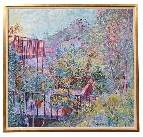 Marco Sassone (b. 1942), springtime deck and plants, oil on canvas, signed lower right Sassone, Wally Findlay Galleries label on back, 47" x 49".