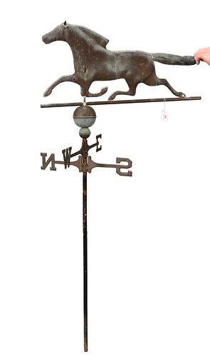 Copper Running Horse Weathervane, having directionals, height 61 inches, width 36 inches.