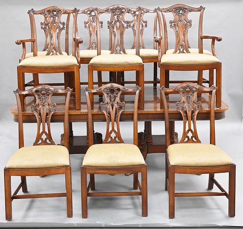 Eleven Piece Henredon Set, to include Oxford classics banded inlaid top dining table and ten Chippendale style chairs, chairs having pierced carved ba