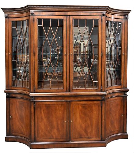 Henredon Oxford Classics Breakfront, in two parts, having four door top opening to mirror back, and glass shelves over four banded inlaid doors and dr