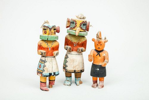Three Southwest Native American Carved and Painted Wood Kachina Dolls, Possibly Hopi