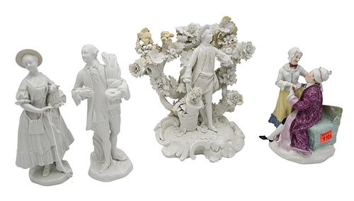 Four Piece Porcelain Group, to include Vienna white figural group with beehive mark, repaired; Viennese figure of a shepherdess; polychrome lovers gro