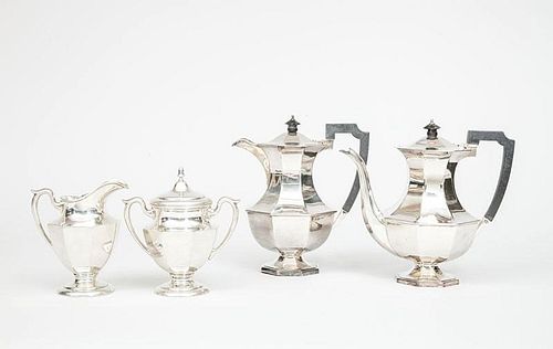 Fisher Silver Octagonal Urn-Form Creamer and Sugar Bowl and Cover, and Two Matching English Silver-Plate Coffee Pots