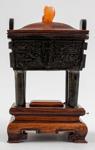 Chinese Bronze Censer Fang Ding with Wood Lid