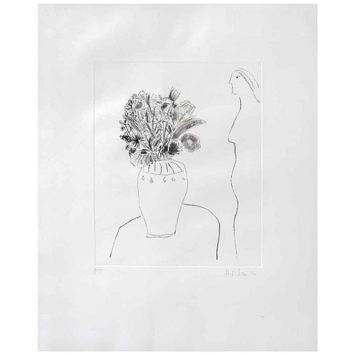 JOY LAVILLE, Perfil con flores, Firmado Grabado al aguafuerte y ruleta P / T, 28 x 20 cm