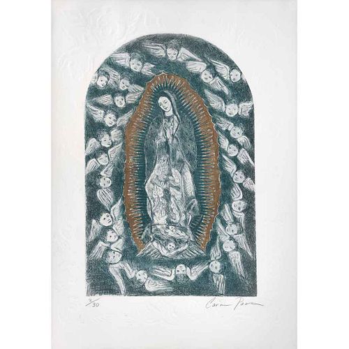 CARMEN PARRA, Virgen de Guadalupe, Firmado Grabado en cobre al aguafuerte y gofrado, aguatinta 2 / 30, 80 x 57 cm