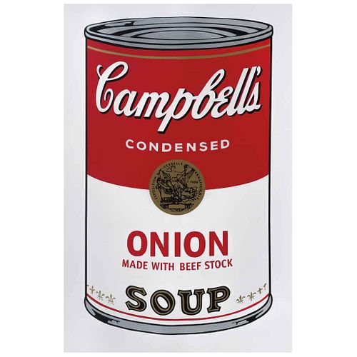 ANDY WARHOL, Campbell's Onion Soup, Con sello azul "Fill in your own signature", Serigrafía S/N, 81 x 48 cm