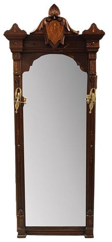 Victorian Art Nouveau Wood Mirror w Sconces