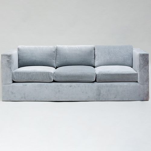Contemporary Pale Grey Velvet Upholstered Three Seat Sofa