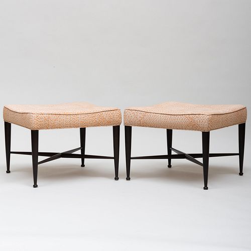 Pair of Ebonized and Upholstered 'Thebes' Stools in the Style of Edward Wormley for Dunbar