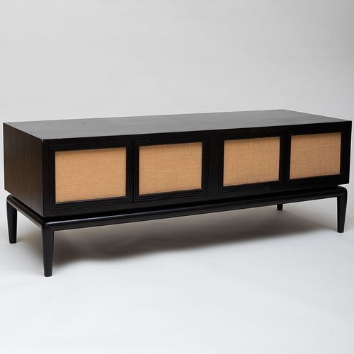 Monteverdi-Young Modern Ebonized and Grass Cloth Low Cabinet 