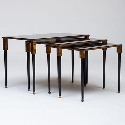 Set of Three French Arte Moderne Brass, Black Painted and Black Glass Nesting Tables