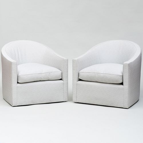 Pair of Pale Grey Upholstered Swivel Tub Chairs