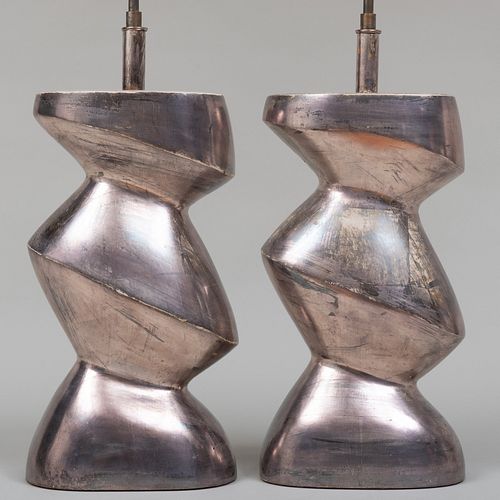Pair of Contemporary Silvered Wood Lamps, in the Style of Heifetz
