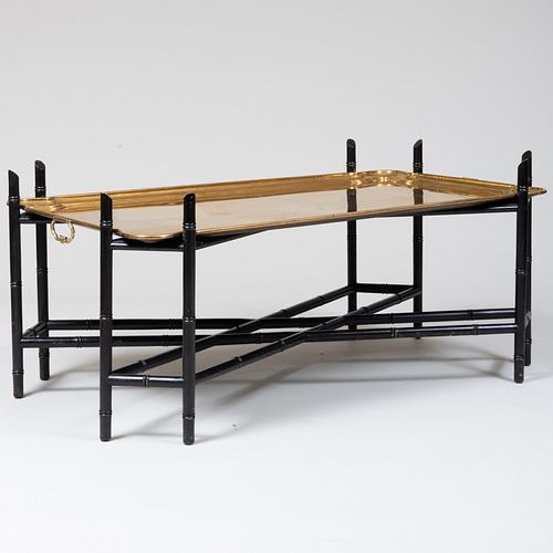 Large German Brass Handled Tray on Ebonized Faux Bamboo Stand
