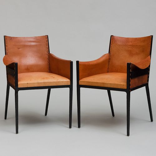 Pair of Nicholas Mongiardo After Jean Michel Frank Sledge Steel and Leather Armchairs