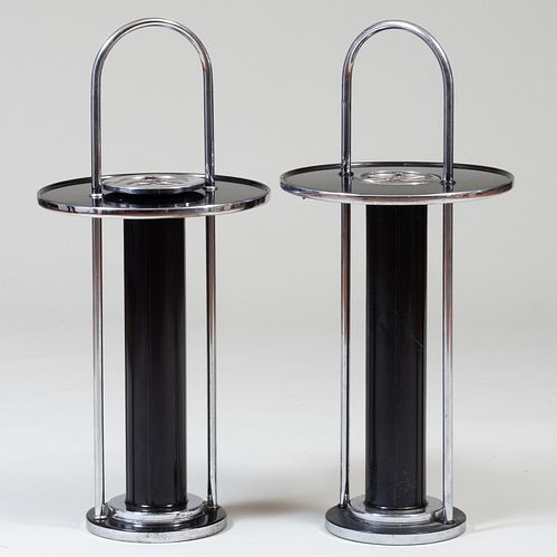 Two Art Deco Black Painted Metal and Chrome 'Smokeador' Ashtray Stands