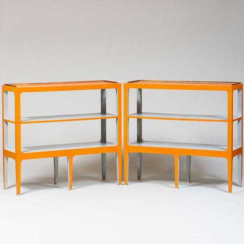 Pair of Jonathan Adler Brass-Mounted Orange and Grey Lacquer Consoles