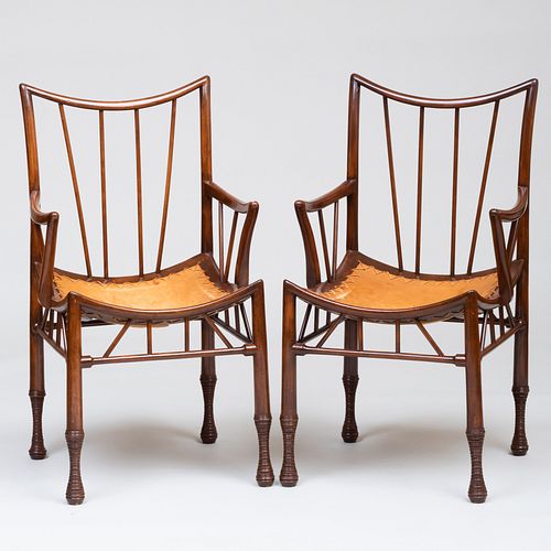 Pair of Modern Stained Wood and Leather 'Thebes' Armchairs