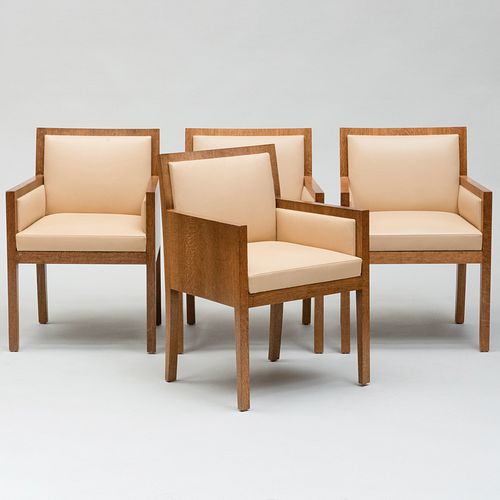 Set of Four Nicholas Mongiardo After a design by Jean Michel Frank Quarter Sawn Oak and Leather Armchairs