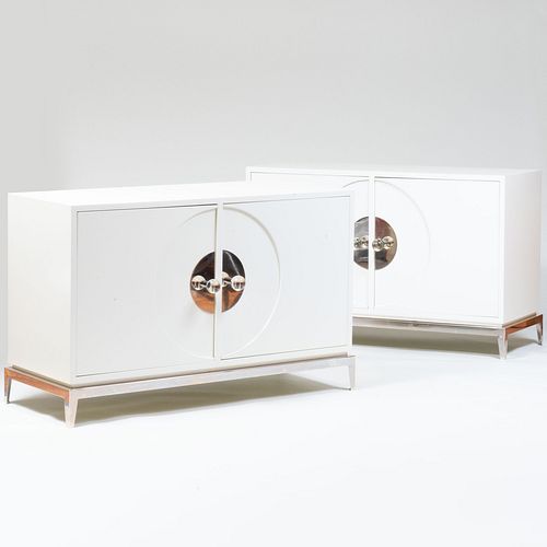 Pair of Jonathan Adler White Lacquer and Chrome Cabinets