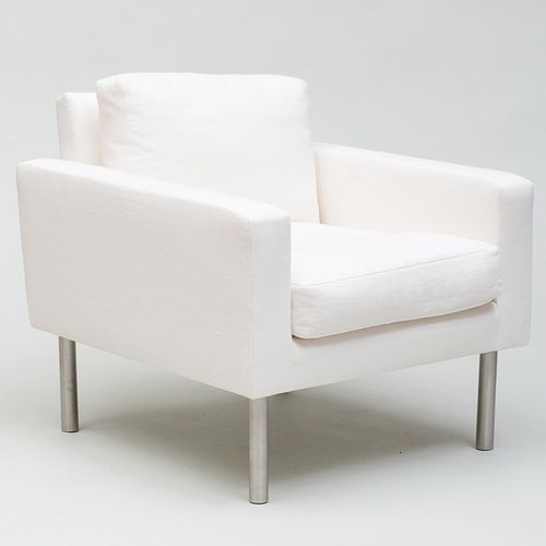 Chrome and White Linen Armchair, of Recent Manufacture