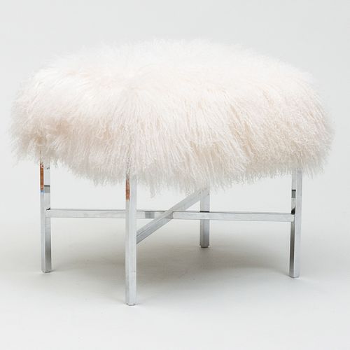 Modern Chrome and Lambswool Foot Stool
